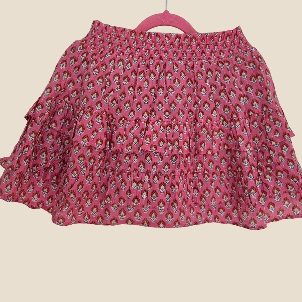 Mini Boden Girls Pink Floral Tiered Ruffle Skirt Metallic Sparkle Size 7-8Y